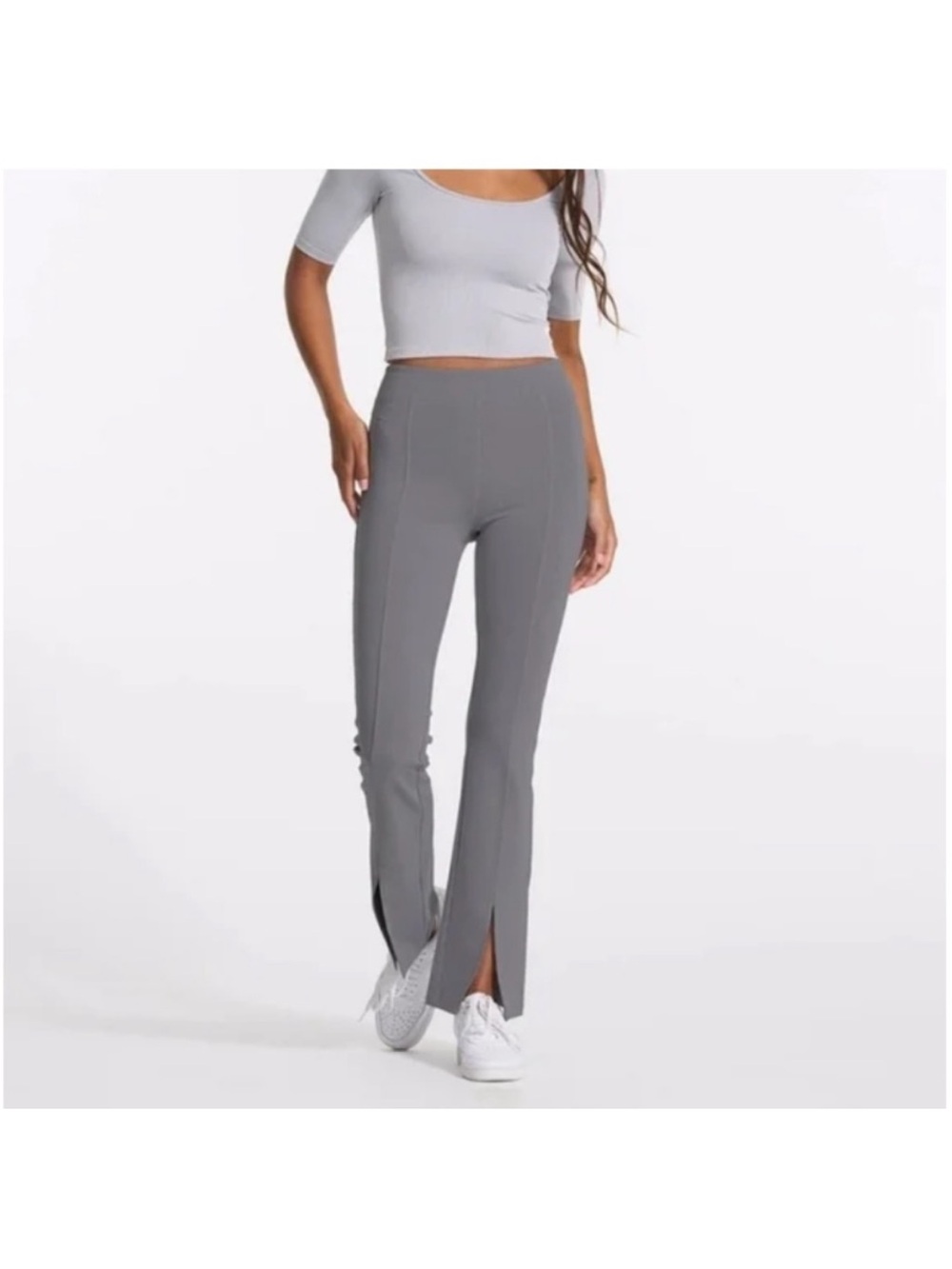 Vuori Lux Small 25/26 Rib Split Bootcut Flare Textured Leggings in Heather Grey